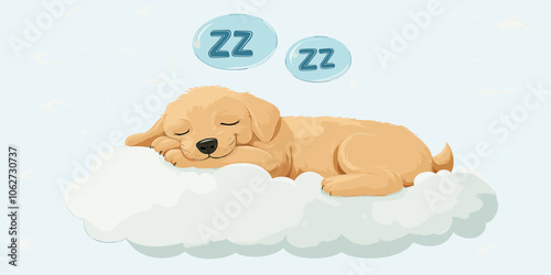 Cute Puppy Sleeping on a Fluffy Cloud in Adorable Cartoon Style with Relaxed Expression and Blue Dream Bubbles Perfect for Kids' Room Decor and Animal Lovers