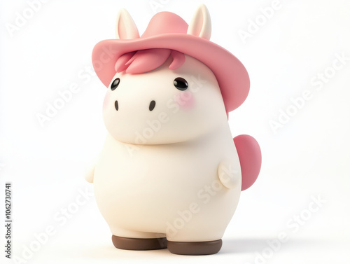 Kawaii chubby 3D horse character with pink hat, isolated on white background, exuding playful and cheerful vibe. Perfect for children themes and cute designs