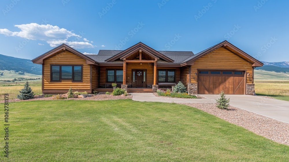 Fototapeta premium Modern Log Cabin with Stunning Mountain Views