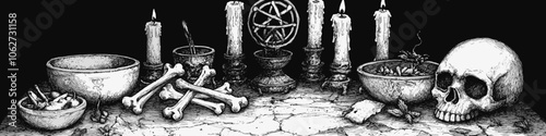 Mysterious Occult Ritual Altar with Skull Bones Candles Pentagram and Ancient Symbols on Cracked Surface - Dark Gothic Witchcraft Vibes Ritualistic Setup