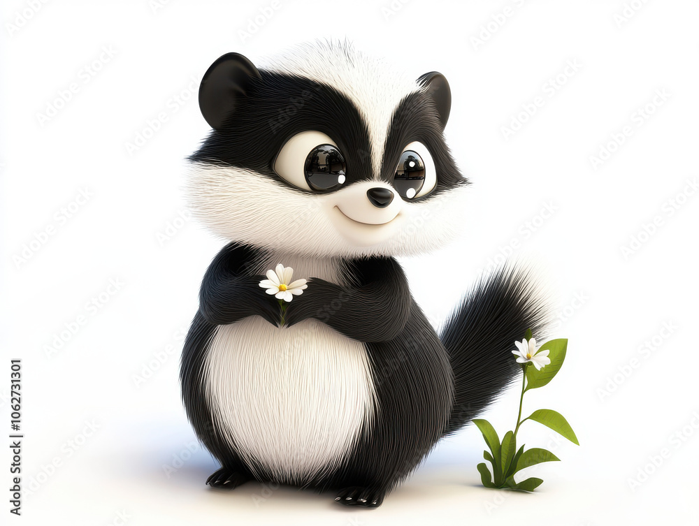 cute 3D kawaii fat skunk holding tiny flower, isolated on white. This adorable character exudes charm and playfulness, perfect for children illustrations or designs cute 3D kawaii fat skunk holding tiny flower, isolated on white. This adorable character exudes charm and playfulness, perfect for children illustrations or designs