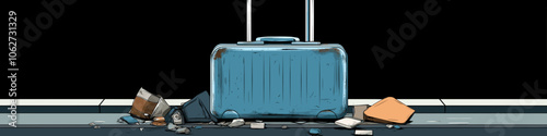 Abandoned Blue Suitcase with Scattered Items on Airport Conveyor Belt: Travel Essentials, Lost Luggage, Airport Mishap, Packing Tips, Travel Troubles, Journey Essentials