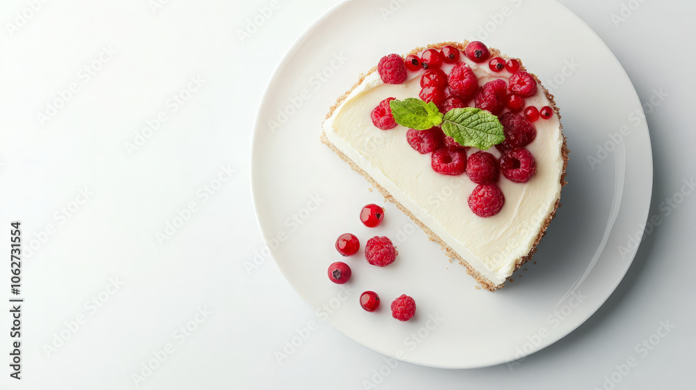 A slice of cheesecake topped with fresh raspberries and mint on a white plate. A slice of cheesecake topped with fresh raspberries and mint on a white plate.