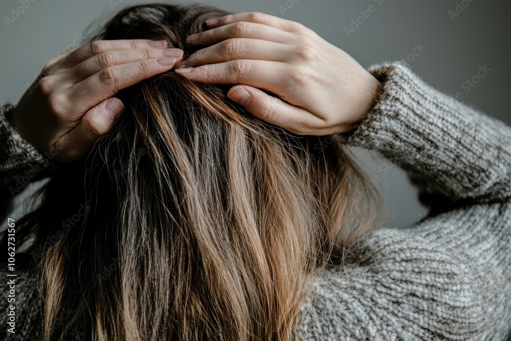 Obraz premium Woman with hands in hair, expressing emotion.