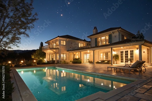 Luxury house with swimming pool illuminated at night