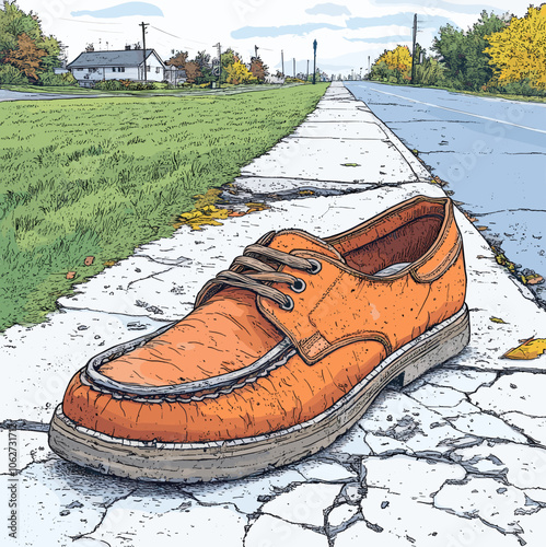 Vibrant Orange Shoe on Cracked Sidewalk Near Rural Road with Green Grass and Trees in Background - Exploring the Contrast of Urban Decay and Nature