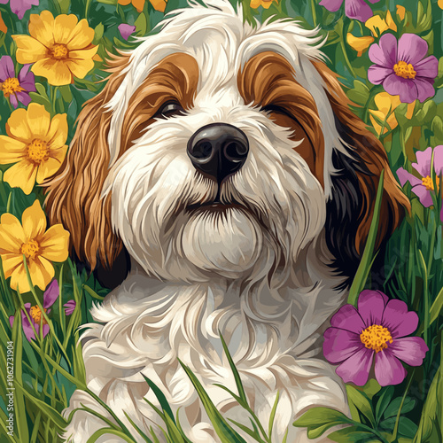 Adorable Fluffy Dog Surrounded by Vibrant Flowers in Lush Garden: Perfect Pet, Cute Puppy, Nature Scene, Colorful Blossoms, Springtime Bliss, Floral Background