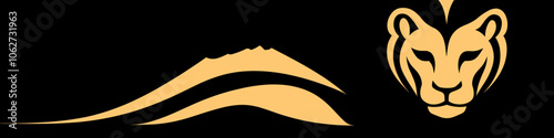 Majestic Lion Head Logo with Mountain Silhouette Design in Gold and Black for Fearless Branding and Wildlife Adventure Inspiration