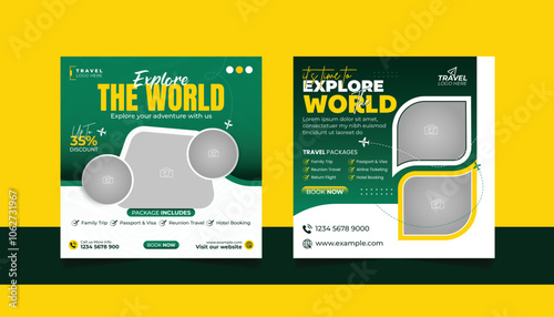Travel and Tourism Business Marketing Banner. Holidays Tours Advertising Social Media Post. Explore the World ads Template Square poster flyer bundle design.