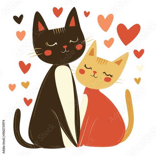 Adorable Black and Orange Cats with Hearts in Cute Cartoon Style Illustration - Perfect for Valentine's Day, Love, Friendship, and Animal Art Inspiration