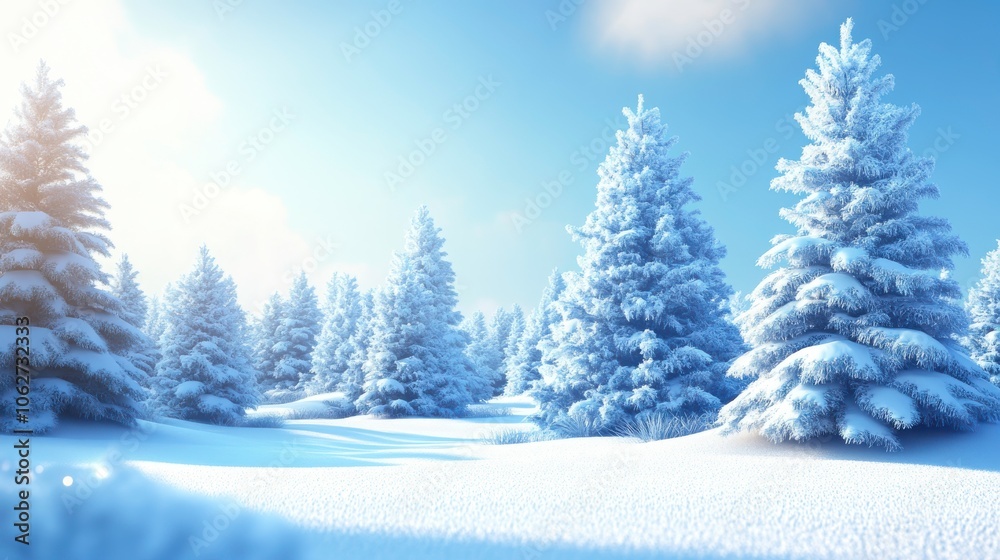 Snowy landscape with frosted trees under blue sky. Snowy landscape with frosted trees under blue sky.