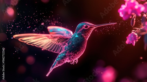 A vibrant, digital rendering of a hummingbird in flight, rendered in glowing neon colors.  The hummingbird hovers near a pink flower with sparkling bokeh in the background.