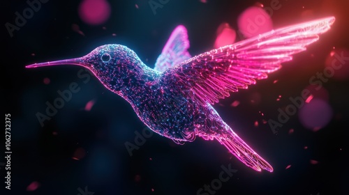 A glowing, digital hummingbird with neon blue and pink wings, rendered in 3D,  flies against a dark background with pink bokeh.