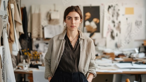 A poised young European female fashion designer stands in her stylish studio, surrounded by creative materials that reflect her passion for fashion design. photo