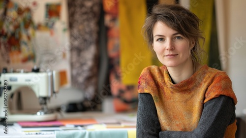 A portrait of a young European female fashion designer in her studio, showcasing her creativity and style amid vibrant textiles and artistic inspiration.