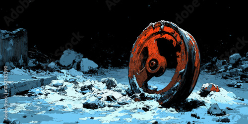 Abandoned Rusty Wheel on Snowy Ground Under Night Sky in Industrial Ruins Environment Capturing Eerie Post-Apocalyptic Urban Scene with Shadows and Rocks