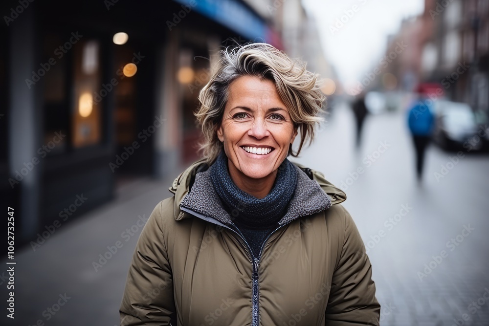 Portrait of a smiling middle-aged woman in a city street