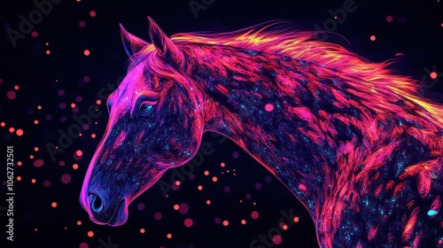 A majestic horse with a glowing neon mane and body against a dark background with colorful bokeh.