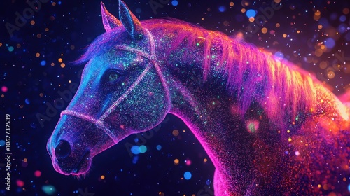 A digital, glowing, purple, pink, and blue horse with a bridle against a dark background with colorful bokeh.