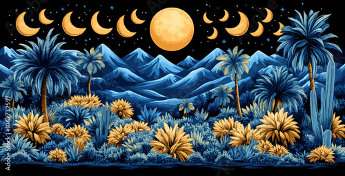 Moonlit Desert Night with Phases, Vibrant Blue and Yellow Palm Trees, Mountains, and Starry Sky in Mystical Dreamlike Landscape Artwork Illustration