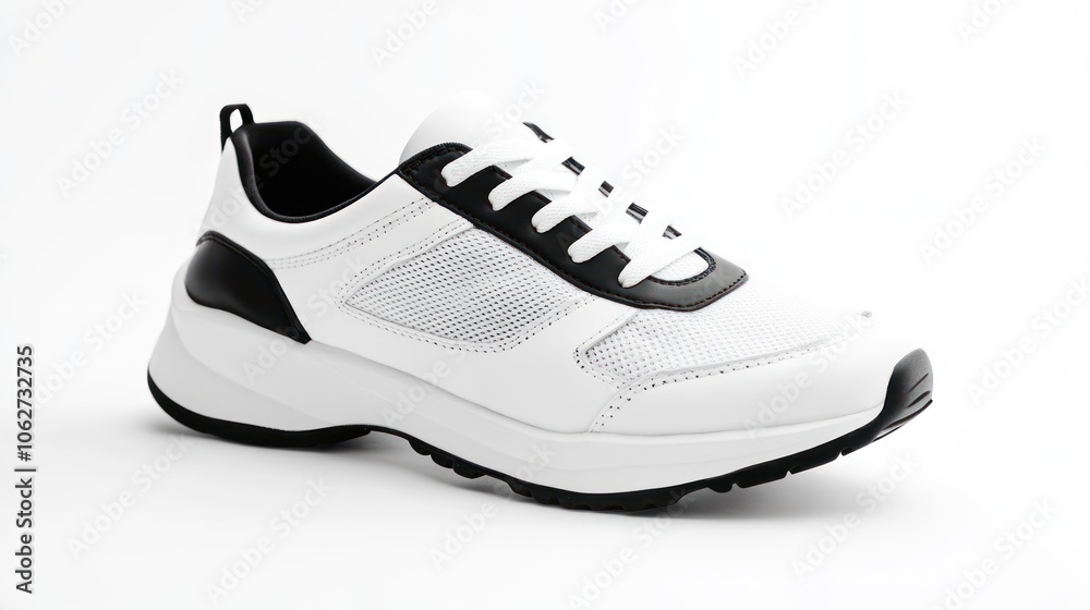 A white sneaker with black accents on a white background. A white sneaker with black accents on a white background.