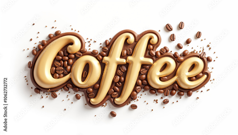 Elegant text 'Coffee' in shiny gold with coffee splash effect and decorative elements like a latte art heart on a white Elegant text 'Coffee' in shiny gold with coffee splash effect and decorative elements like a latte art heart on a white