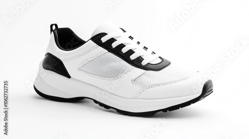 A white sneaker with black accents on a white background.