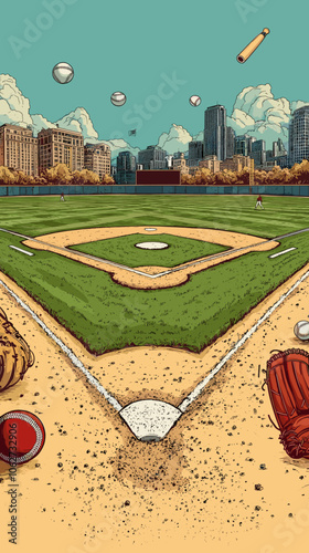 Vibrant Baseball Field with Urban Skyline, Baseball Equipment, Energetic Atmosphere, Dynamic Scene, Gloves, Bats, Balls, Green Grass, Cityscape, Sports Theme