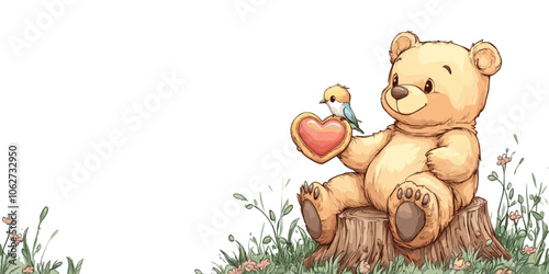 Cute Teddy Bear Holding Heart with Bird on Tree Stump in Floral Meadow - Adorable Illustration for Kids, Nursery Decor, Greeting Cards, Nature-Inspired Art