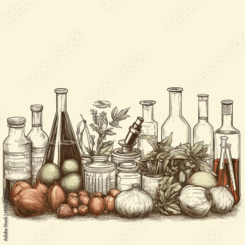 Vintage Apothecary Bottles Herbal Illustration with Garlic, Onion, Herbs, Mortar and Pestle, Natural Remedies and Essential Oils for Traditional Healing