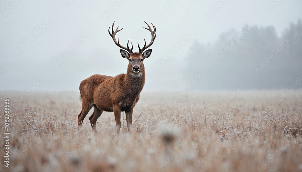 Young red deer buck standing in the frosted grass on an early cold winter morning Young red deer buck standing in the frosted grass on an early cold winter morning
