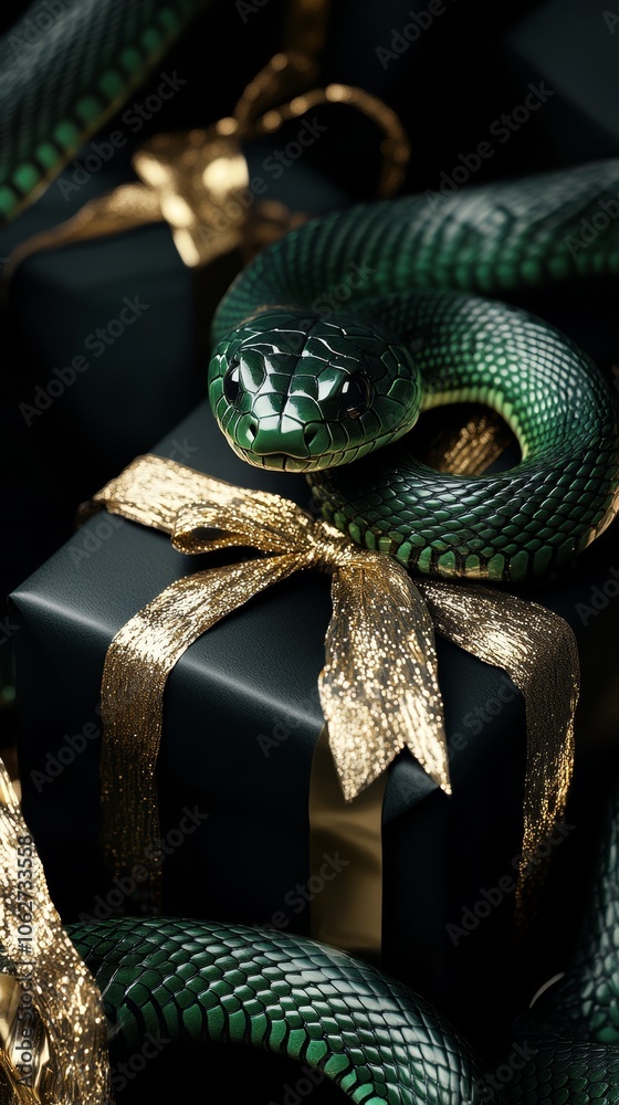 Green snake on Christmas gifts in black and gold colors. Year of the snake concept. Premium Lunar New Year and Christmas vertical background Green snake on Christmas gifts in black and gold colors. Year of the snake concept. Premium Lunar New Year and Christmas vertical background