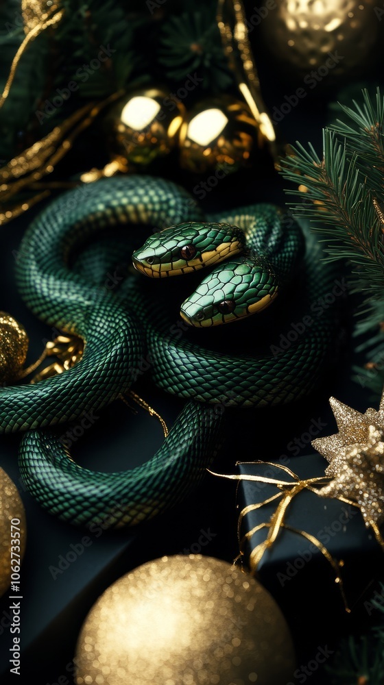 custom made wallpaper toronto digitalGreen snake on Christmas gifts in black and gold colors. Year of the snake concept. Premium Lunar New Year and Christmas vertical background