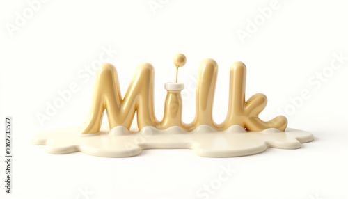 rtistic text 'Milk' in milk splash with a decorative bottle of milk isolated on a bright white background photo