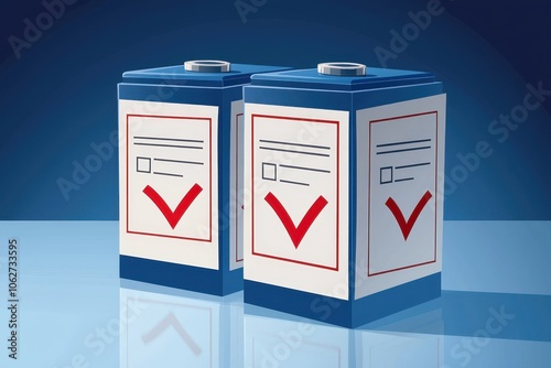 Two blue ballot boxes with checkmarks, symbolizing voting and elections, set against a gradient background. photo