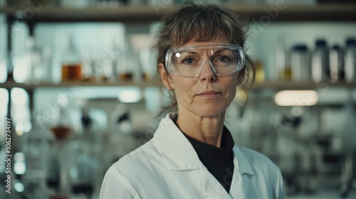 A middle-aged European woman wearing a lab coat and safety glasses stands in a laboratory. Her serious expression reflects her professionalism and expertise in scientific research.