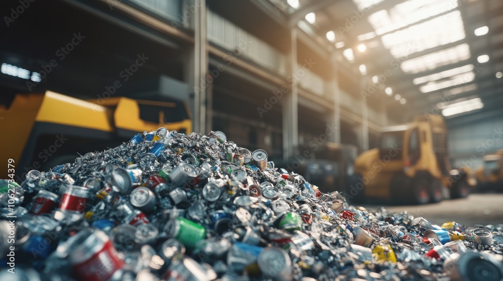 Obraz premium A large pile of aluminum cans in a recycling plant, with yellow machinery in the background.