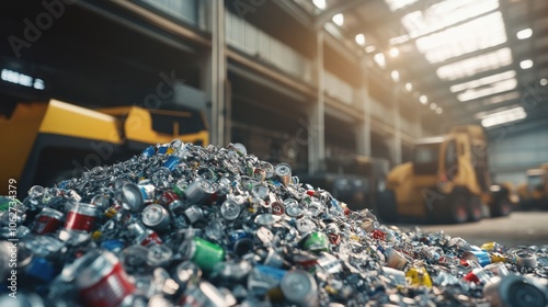 Wallpaper Mural A large pile of aluminum cans in a recycling plant, with yellow machinery in the background. Torontodigital.ca