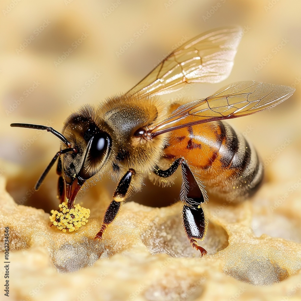 A close-up of a honeybee gathering pollen from a honeycomb, illustrating the crucial role these insects play in pollination. A close-up of a honeybee gathering pollen from a honeycomb, illustrating the crucial role these insects play in pollination.