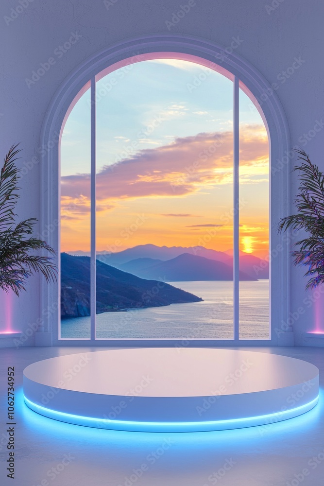 Fototapeta premium A white circular podium with blue neon lights on the front, set against an open window overlooking mountains and sea at sunset. 