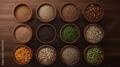 Variety of Grains and Legumes in Wooden Bowls on a Wooden Table. Healthy Food Concept