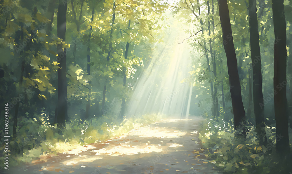 Obraz premium sun rays through the forest-generative ai