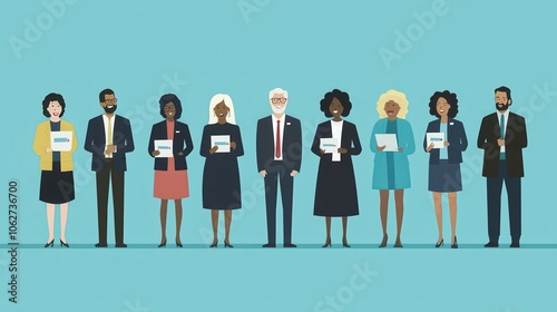 A diverse group of professionals stands against a blue background, holding signs, showcasing teamwork and unity in a business context.