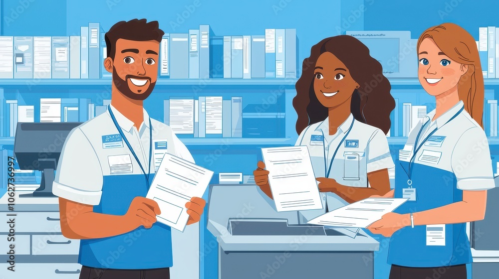 Three diverse employees smile while holding documents in a bright, organized office environment with shelves of books and supplies. Three diverse employees smile while holding documents in a bright, organized office environment with shelves of books and supplies.