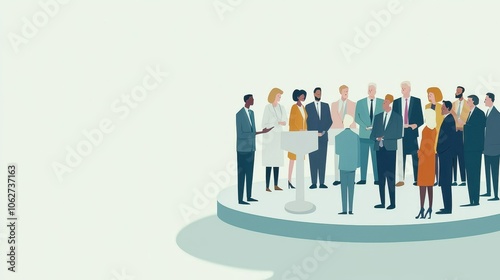A diverse group of people gathered on a platform, engaged in conversation, reflecting unity and collaboration in a professional setting.