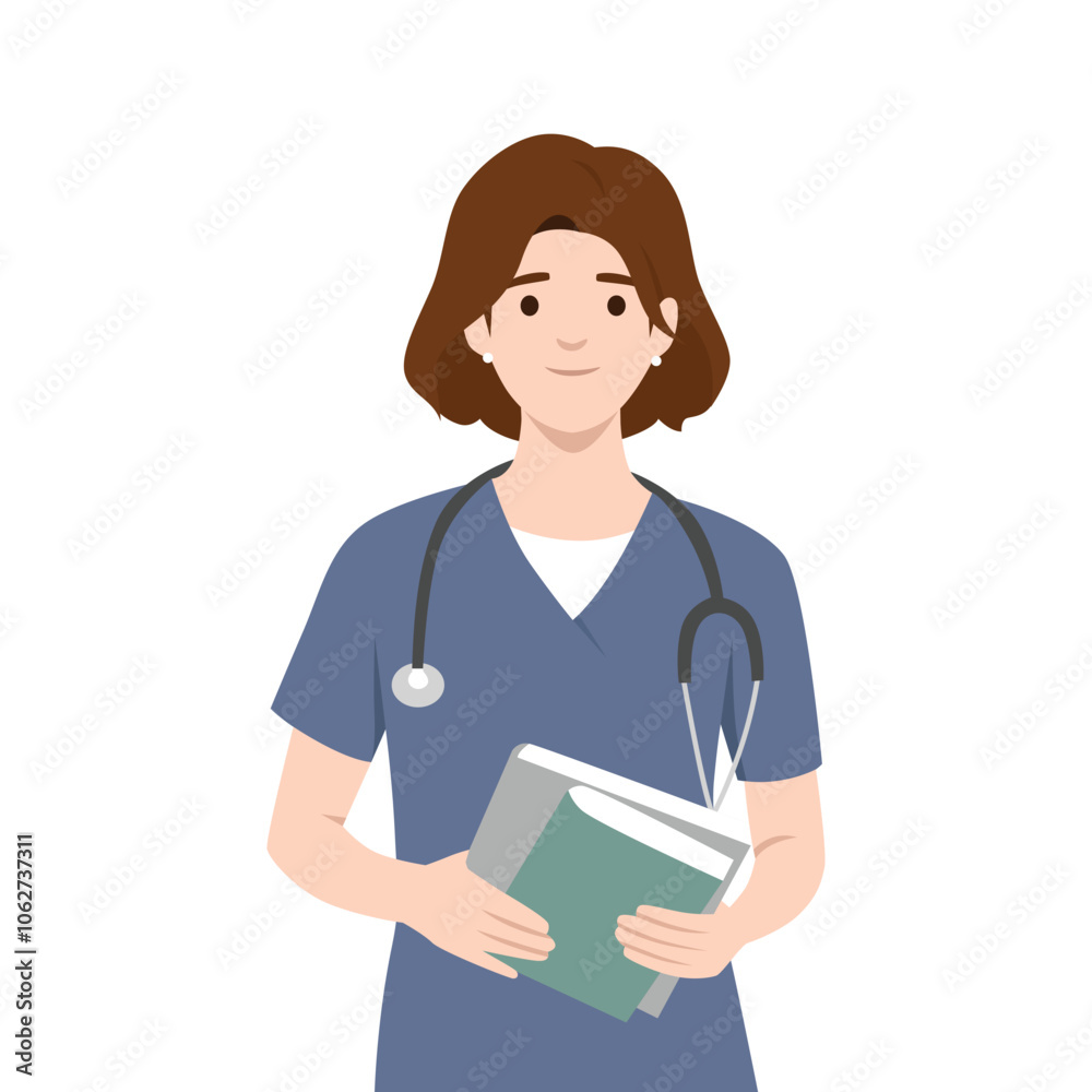 Young woman medical assistant with clipboard and books. Flat vector illustration isolated on white background Young woman medical assistant with clipboard and books. Flat vector illustration isolated on white background