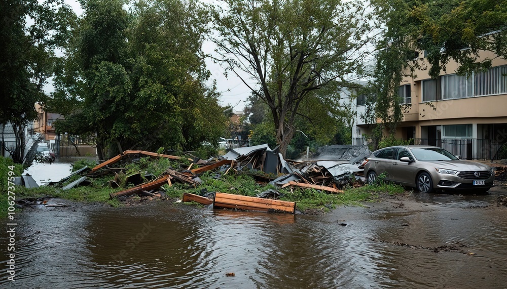 Urban Flooding in City Streets After Heavy Rainfall – High Water Levels Causing Disruption and Damage Urban Flooding in City Streets After Heavy Rainfall – High Water Levels Causing Disruption and Damage