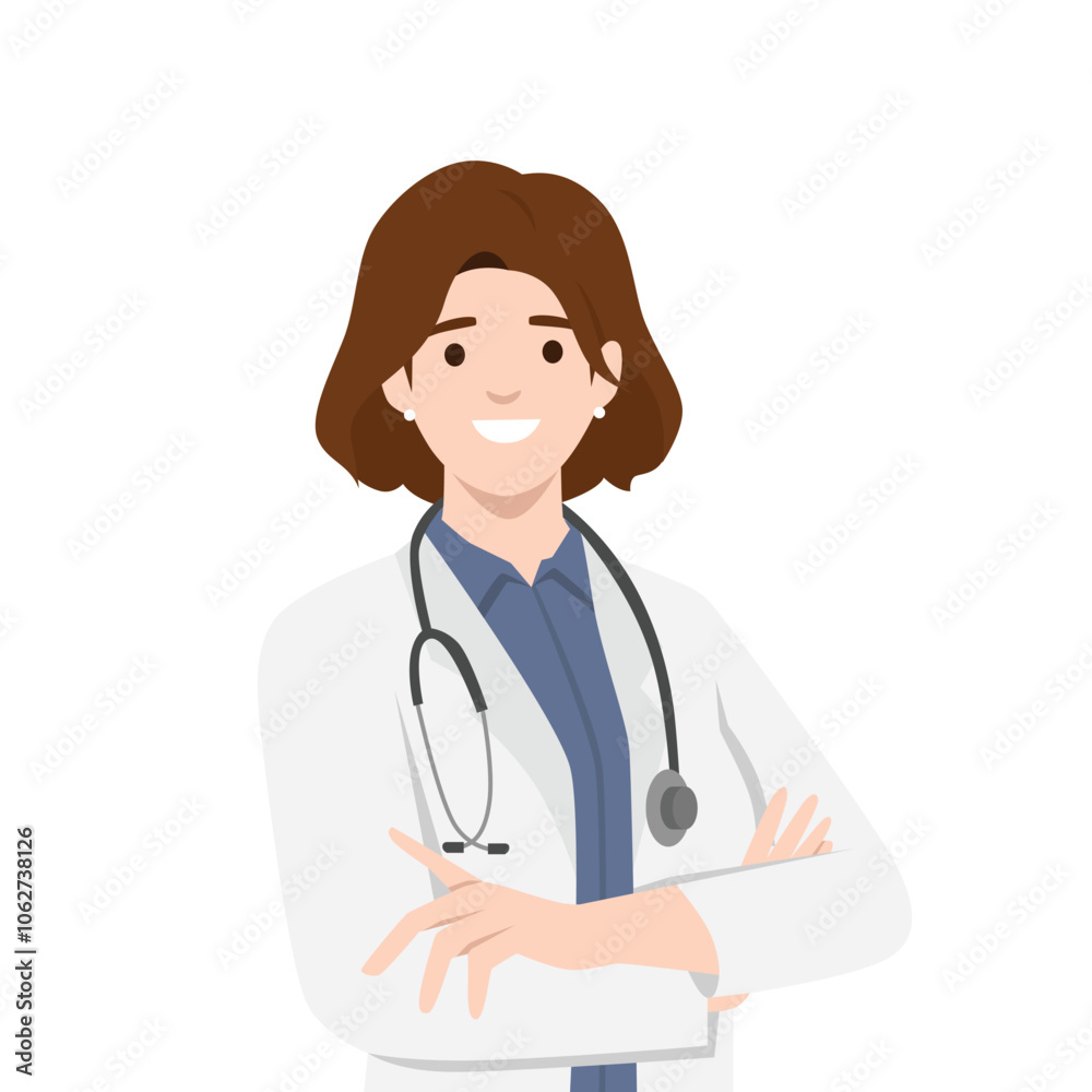 Young woman doctor in white coat standing with arms folded on her chest. Flat vector illustration isolated on white background Young woman doctor in white coat standing with arms folded on her chest. Flat vector illustration isolated on white background