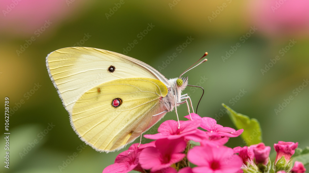 delicate yellow butterfly with open wings rests on vibrant pink flowers, showcasing its intricate patterns against soft, blurred background. scene evokes sense of tranquility and beauty in nature