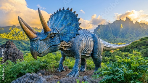 Blue Triceratops Dinosaur Statue in Lush Tropical Landscape